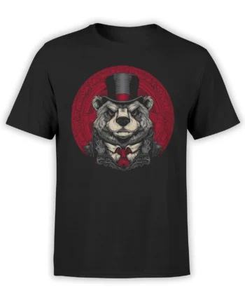 Dapper bear wearing a black top hat and suit with a red tie on a black T-shirt