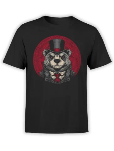 Dapper bear wearing a black top hat and suit with a red tie on a black T-shirt