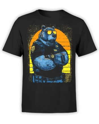 Blue bear police officer wearing sunglasses and crossed arms against a yellow-orange sunset on a black T-shirt