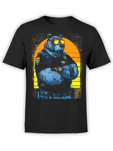 Blue bear police officer wearing sunglasses and crossed arms against a yellow-orange sunset on a black T-shirt