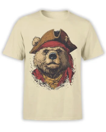 Front view of a beige T-shirt featuring a stern pirate bear in a brown hat and red scarf