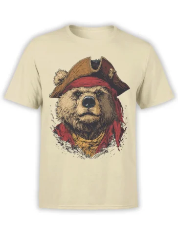 Front view of a beige T-shirt featuring a stern pirate bear in a brown hat and red scarf