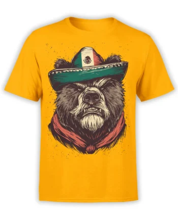 Stern bearded bear wearing a colorful sombrero and red neckerchief on a yellow T-shirt