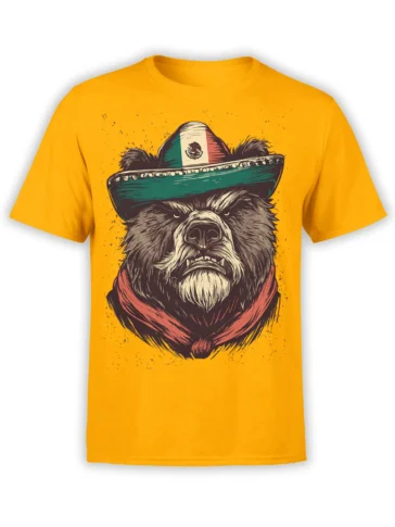 Stern bearded bear wearing a colorful sombrero and red neckerchief on a yellow T-shirt