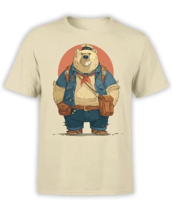 White-furred bear captain wearing a sailor cap and blue jacket on a beige T-shirt