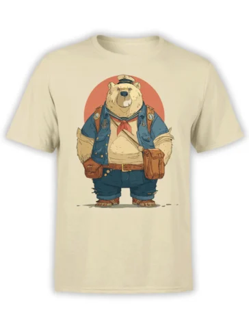 White-furred bear captain wearing a sailor cap and blue jacket on a beige T-shirt