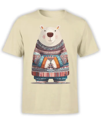 Friendly bear in a colorful patterned sweater printed on a beige graphic T-shirt