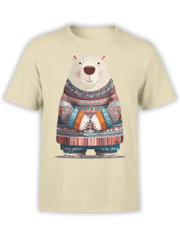 Friendly bear in a colorful patterned sweater printed on a beige graphic T-shirt