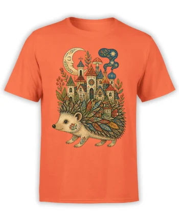 Storybook hedgehog carrying a colorful fantasy castle beneath a crescent moon on an orange T-shirt