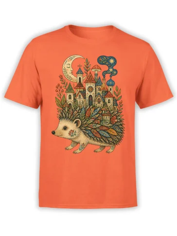 Storybook hedgehog carrying a colorful fantasy castle beneath a crescent moon on an orange T-shirt