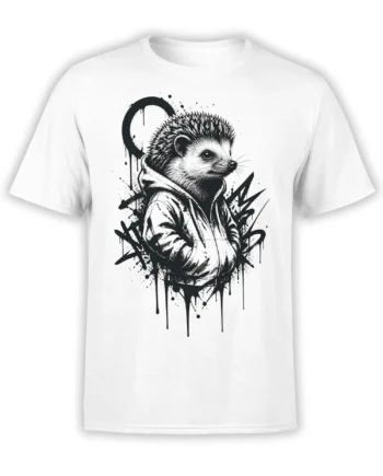 Black-and-white hedgehog in a hooded jacket with graffiti marks on a white T-shirt