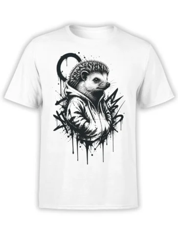 Black-and-white hedgehog in a hooded jacket with graffiti marks on a white T-shirt