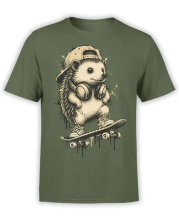 Hedgehog wearing headphones and a backwards cap on a skateboard, printed on a green T-shirt