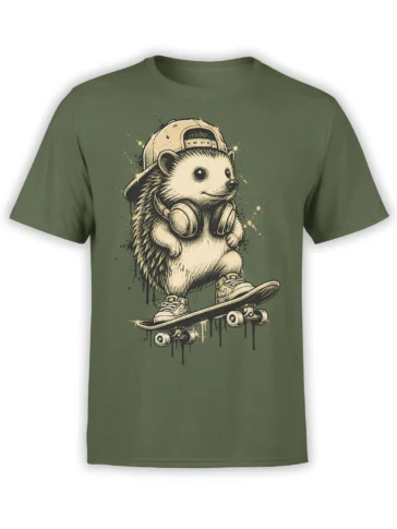 Hedgehog wearing headphones and a backwards cap on a skateboard, printed on a green T-shirt