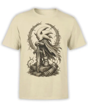 Vintage sepia hedgehog warrior with sword and cape printed on a beige fantasy T-shirt