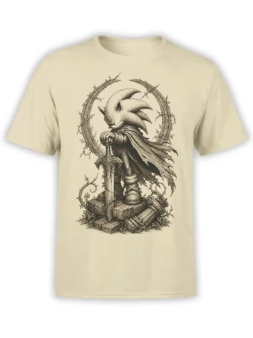 Vintage sepia hedgehog warrior with sword and cape printed on a beige fantasy T-shirt