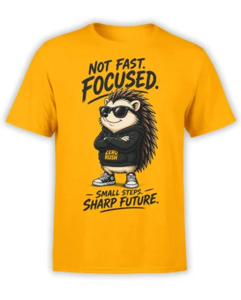Orange hedgehog T-shirt with sunglasses, black hoodie, and Small Steps Sharp Future message