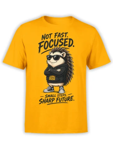 Orange hedgehog T-shirt with sunglasses, black hoodie, and Small Steps Sharp Future message