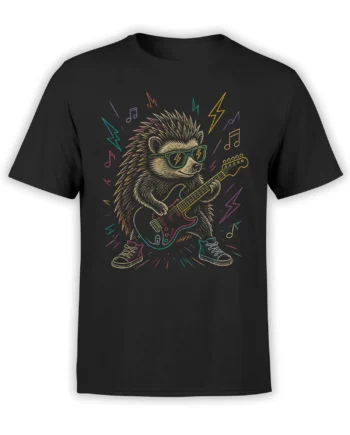 Black T-shirt with a sunglasses-wearing hedgehog playing a colorful electric guitar among music notes
