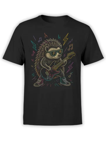 Black T-shirt with a sunglasses-wearing hedgehog playing a colorful electric guitar among music notes