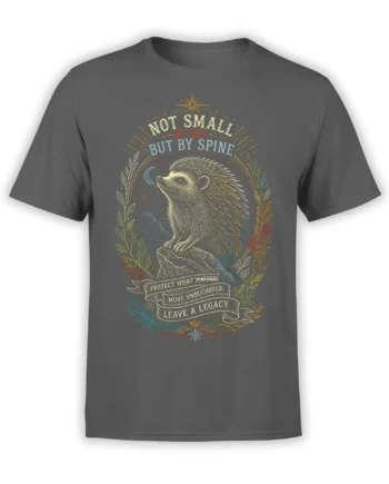 Vintage hedgehog illustration on a gray T-shirt with botanical branches and the words protect what matters