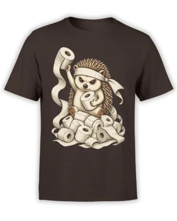 Brown T-shirt featuring a determined hedgehog warrior holding toilet paper rolls in a vintage illustration