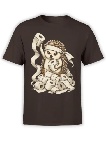 Brown T-shirt featuring a determined hedgehog warrior holding toilet paper rolls in a vintage illustration