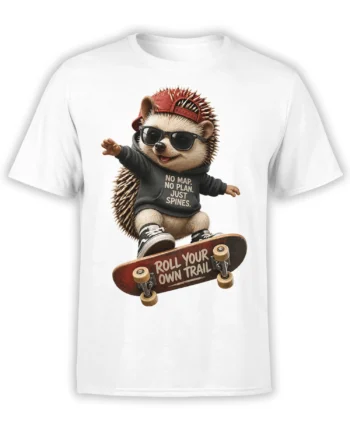 White T-shirt with a sunglasses-wearing hedgehog skateboarding under the words “Roll Your Own Trail”