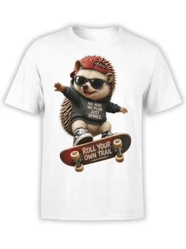 White T-shirt with a sunglasses-wearing hedgehog skateboarding under the words “Roll Your Own Trail”