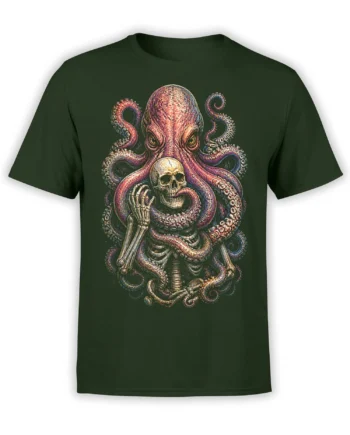 Detailed octopus wrapped around a skull and skeleton printed on a dark green T-shirt