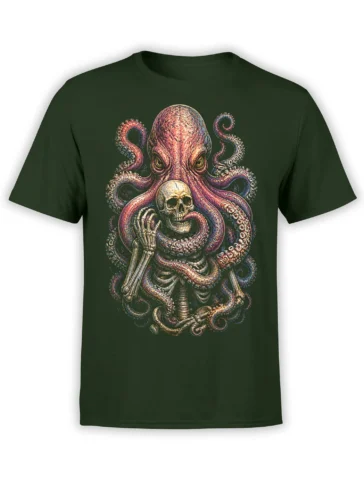 Detailed octopus wrapped around a skull and skeleton printed on a dark green T-shirt