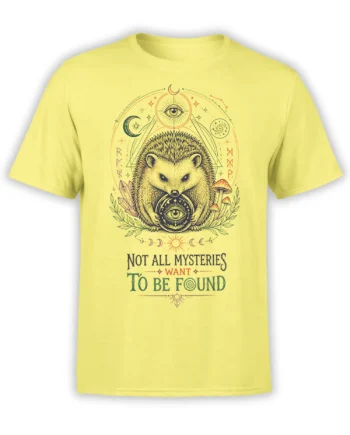 Mystical hedgehog graphic with cosmic eyes, crystals, mushrooms, and moon symbols on a yellow T-shirt