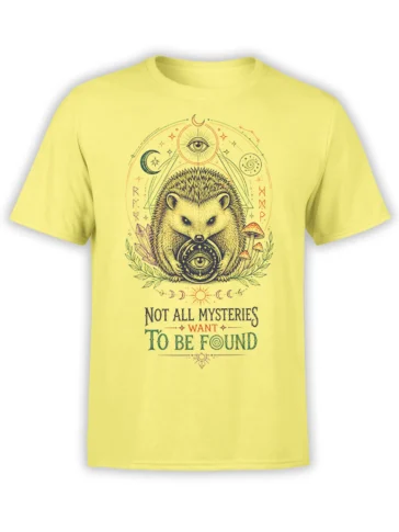 Mystical hedgehog graphic with cosmic eyes, crystals, mushrooms, and moon symbols on a yellow T-shirt