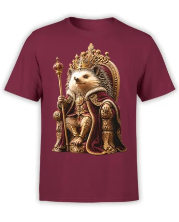Regal hedgehog king wearing a crown and holding a scepter on a maroon T-shirt