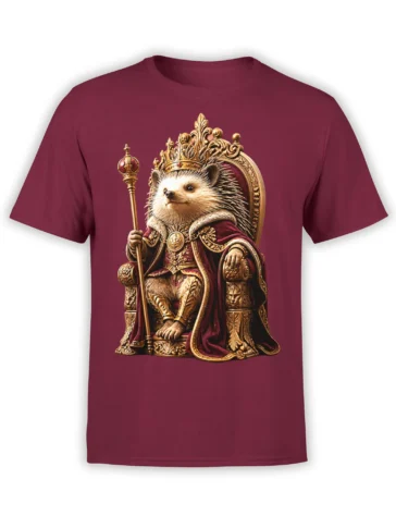 Regal hedgehog king wearing a crown and holding a scepter on a maroon T-shirt