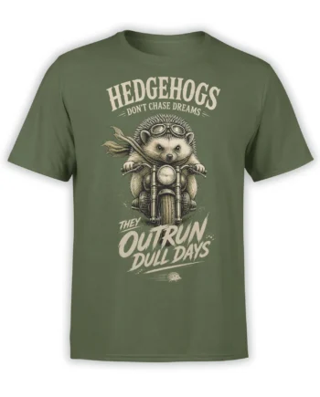 Green hedgehog motorcycle T-shirt with goggles, flying scarf, and “Outrun Dull Days” vintage lettering