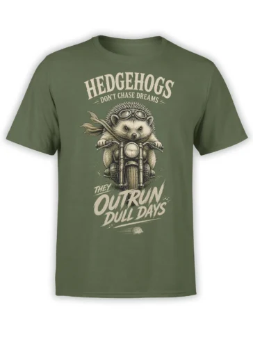 Green hedgehog motorcycle T-shirt with goggles, flying scarf, and “Outrun Dull Days” vintage lettering