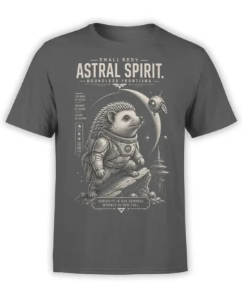 Charcoal gray T-shirt with a hedgehog astronaut exploring space beneath a moon and the words Astral Spirit