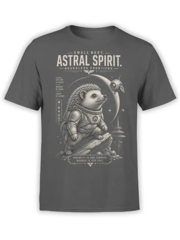 Charcoal gray T-shirt with a hedgehog astronaut exploring space beneath a moon and the words Astral Spirit