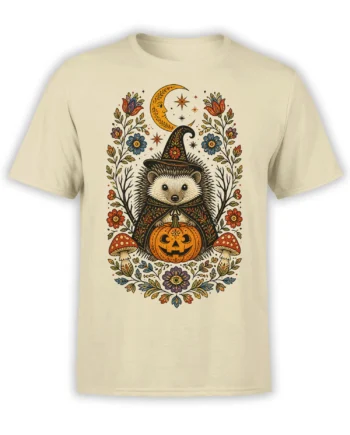 Beige T-shirt with a wizard hedgehog, pumpkin, crescent moon, flowers, and mushrooms