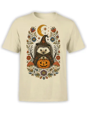 Beige T-shirt with a wizard hedgehog, pumpkin, crescent moon, flowers, and mushrooms