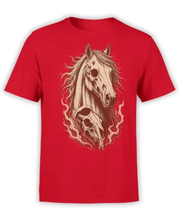 Red horse T-shirt with a detailed equine portrait and haunting skeletal horse skull artwork