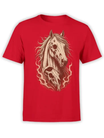 Red horse T-shirt with a detailed equine portrait and haunting skeletal horse skull artwork