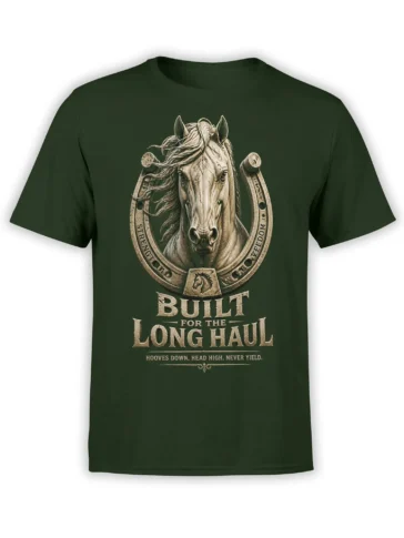 Vintage horse portrait and horseshoe graphic with “Built for the Long Haul” text on a green T-shirt