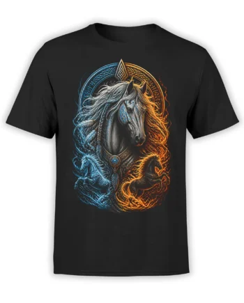 Black T-shirt with a detailed gray horse, blue energy, and fiery orange horses in a fantasy design