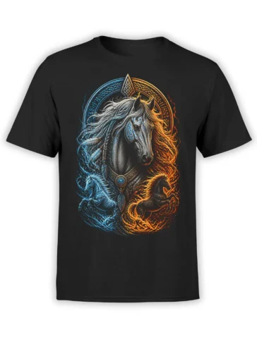 Black T-shirt with a detailed gray horse, blue energy, and fiery orange horses in a fantasy design