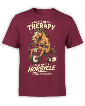 Funny horse on a red tricycle wearing goggles with horsycle therapy humor on a burgundy T-shirt