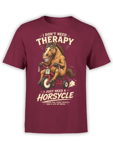 Funny horse on a red tricycle wearing goggles with horsycle therapy humor on a burgundy T-shirt