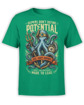 Green octopus commander T-shirt with trident, compass, anchor, and vintage “Made to Lead” lettering