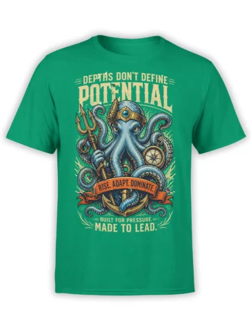Green octopus commander T-shirt with trident, compass, anchor, and vintage “Made to Lead” lettering